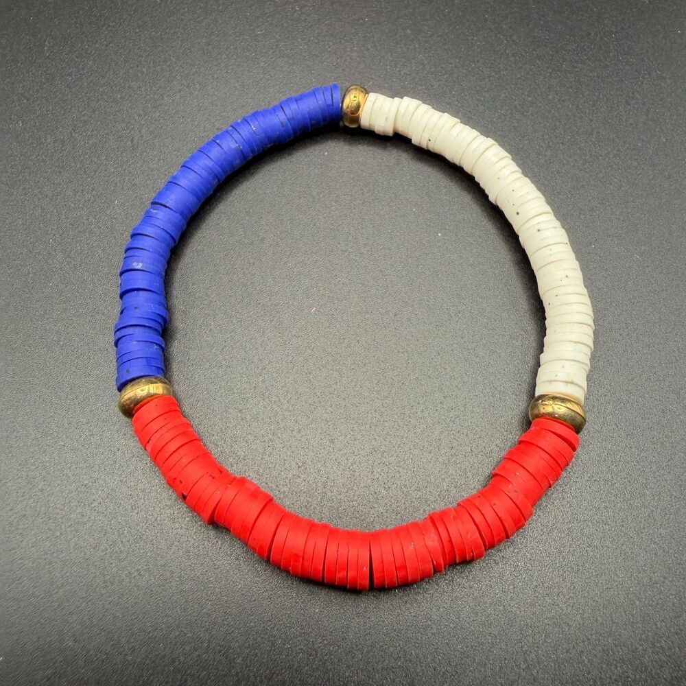 Patriotic Heishi Stretch Bracelet Unisex Red White Blue Vinyl Clay